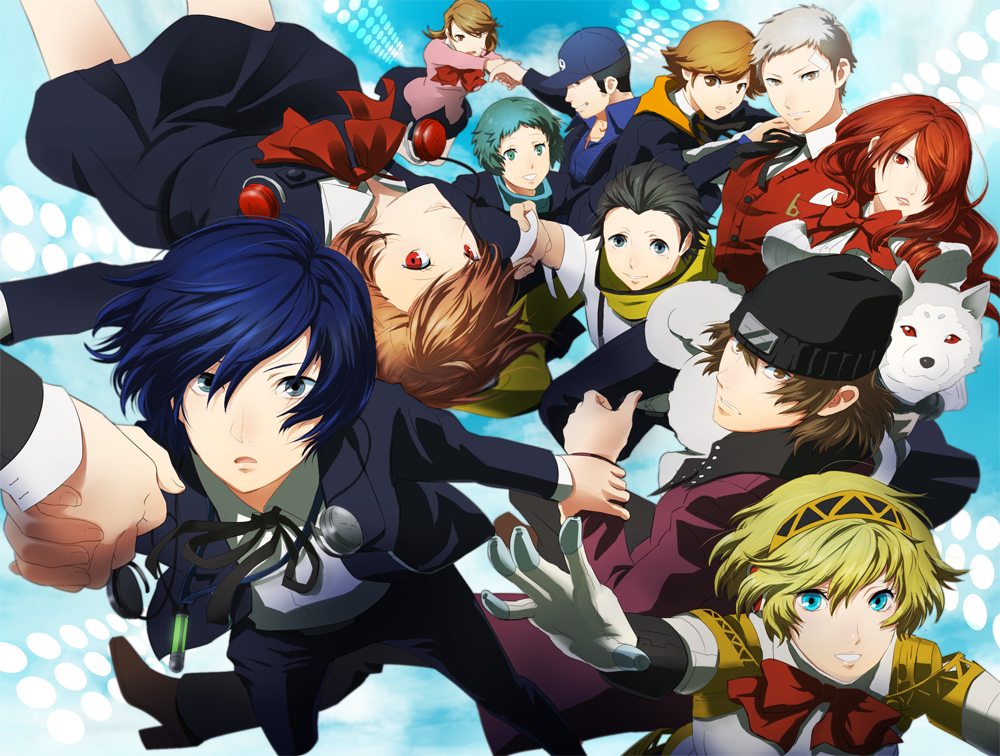 5girls, 6+boys, aegis, aegis_(persona), amada_ken, aqua_eyes, aqua_hair, aragaki_shinjirou