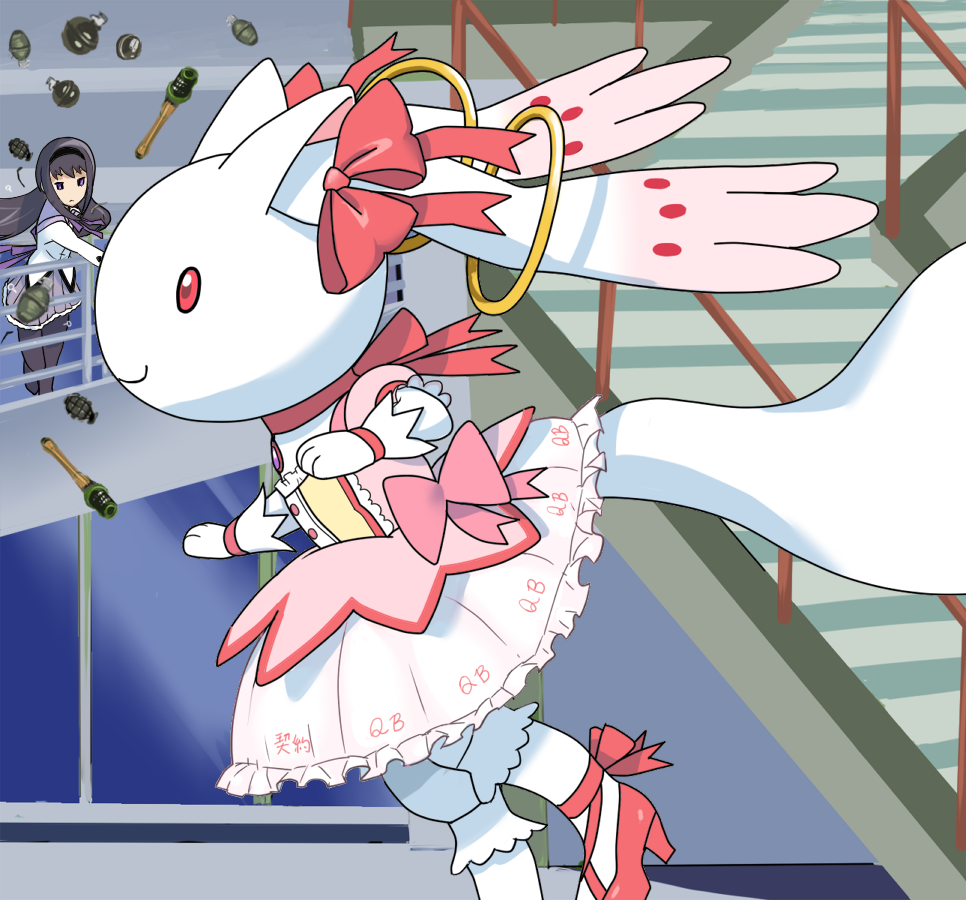 1girl, akemi_homura, black_hair, bow, connect_(madoka_magica), cosplay, explosive, gloves