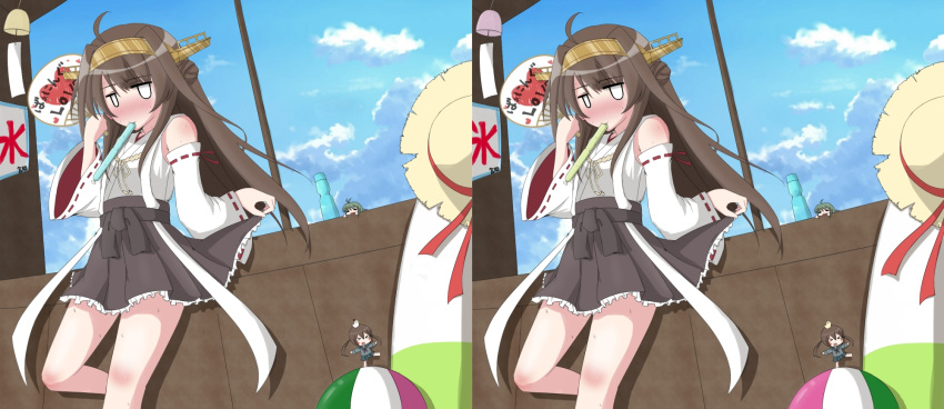1girl, ahoge, ball, beachball, blush, brown_hair, burning_love_(phrase), clouds