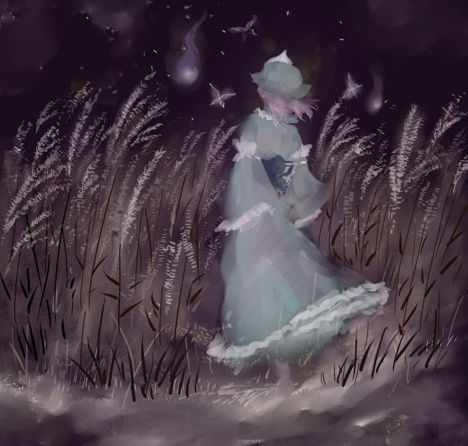 1girl, butterfly, dress, from_behind, hi-yo, hitodama, night, pink_hair