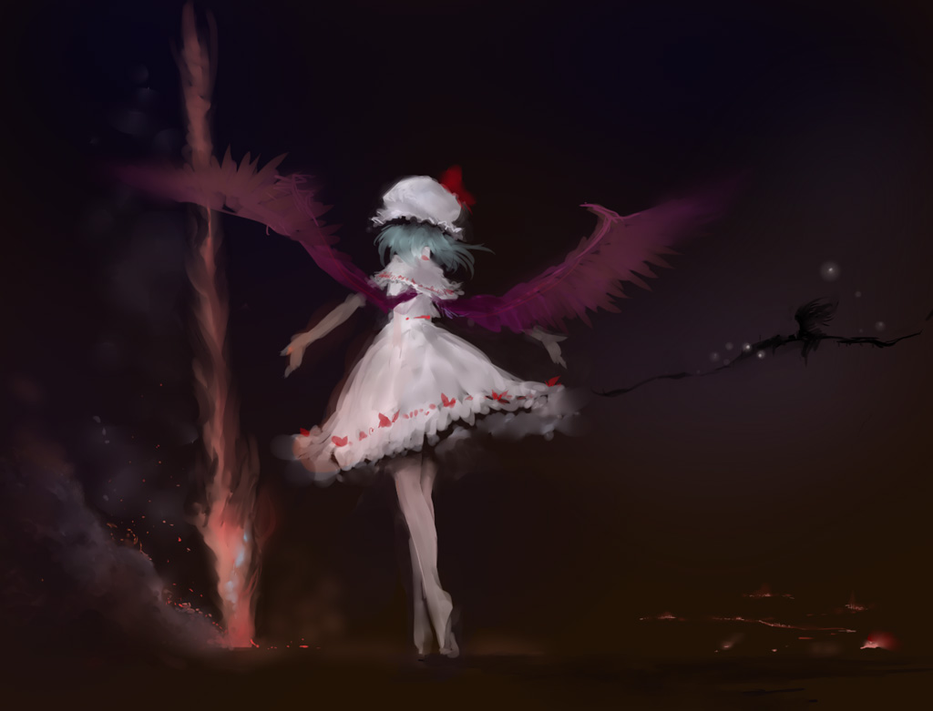 1girl, barefoot, blue_hair, capelet, dress, from_behind, hat, hi-yo, outstretched_arms, remilia_scarlet, short_hair, solo, spear_the_gungnir, spread_arms, standing, touhou, wings