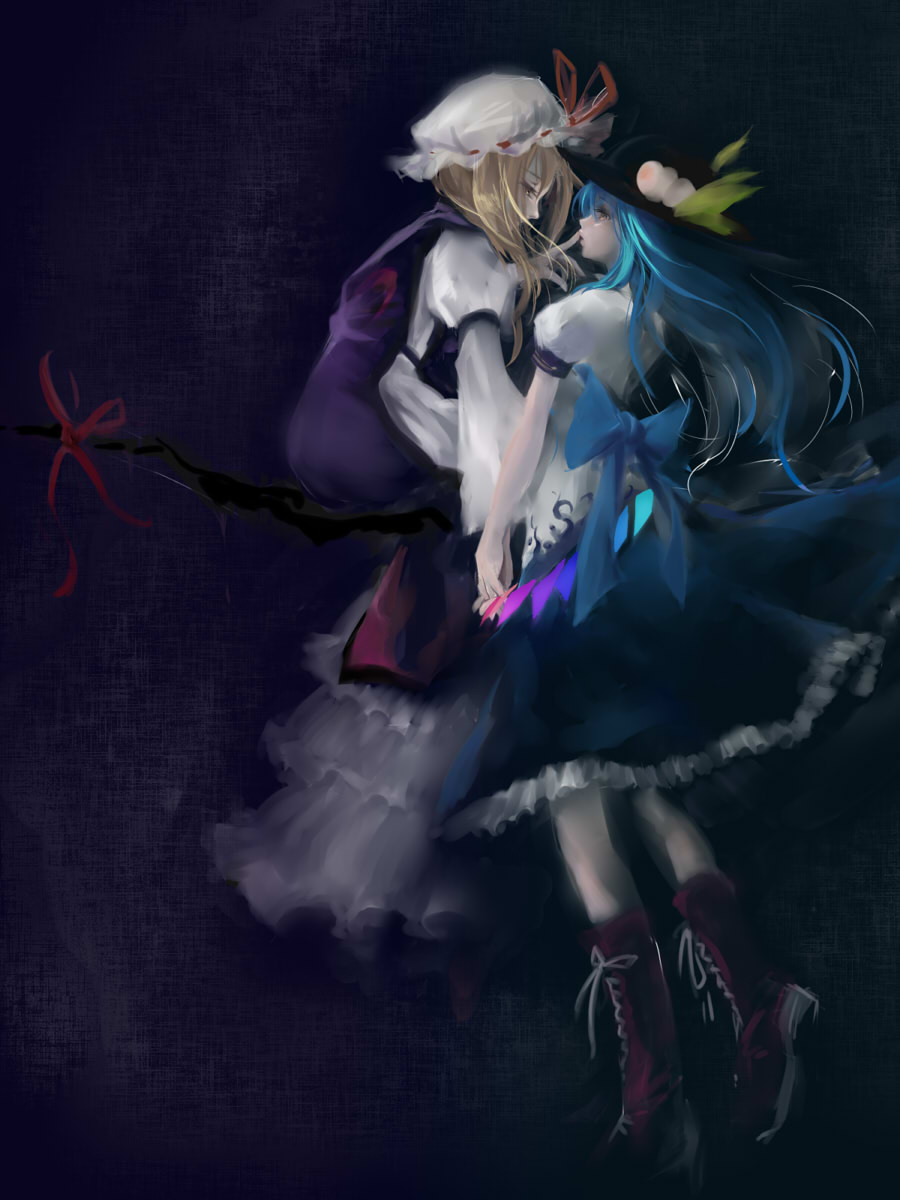 2girls, blonde_hair, blue_hair, boots, dark, finger_to_another's_mouth, gap, hat