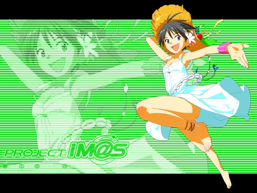 1girl, ankle_bracelet, barefoot, black_hair, bracelet, dress, flower, fruit, hat, idolmaster, jewelery, kikuchi_makoto, leaping, open_mouth, smile