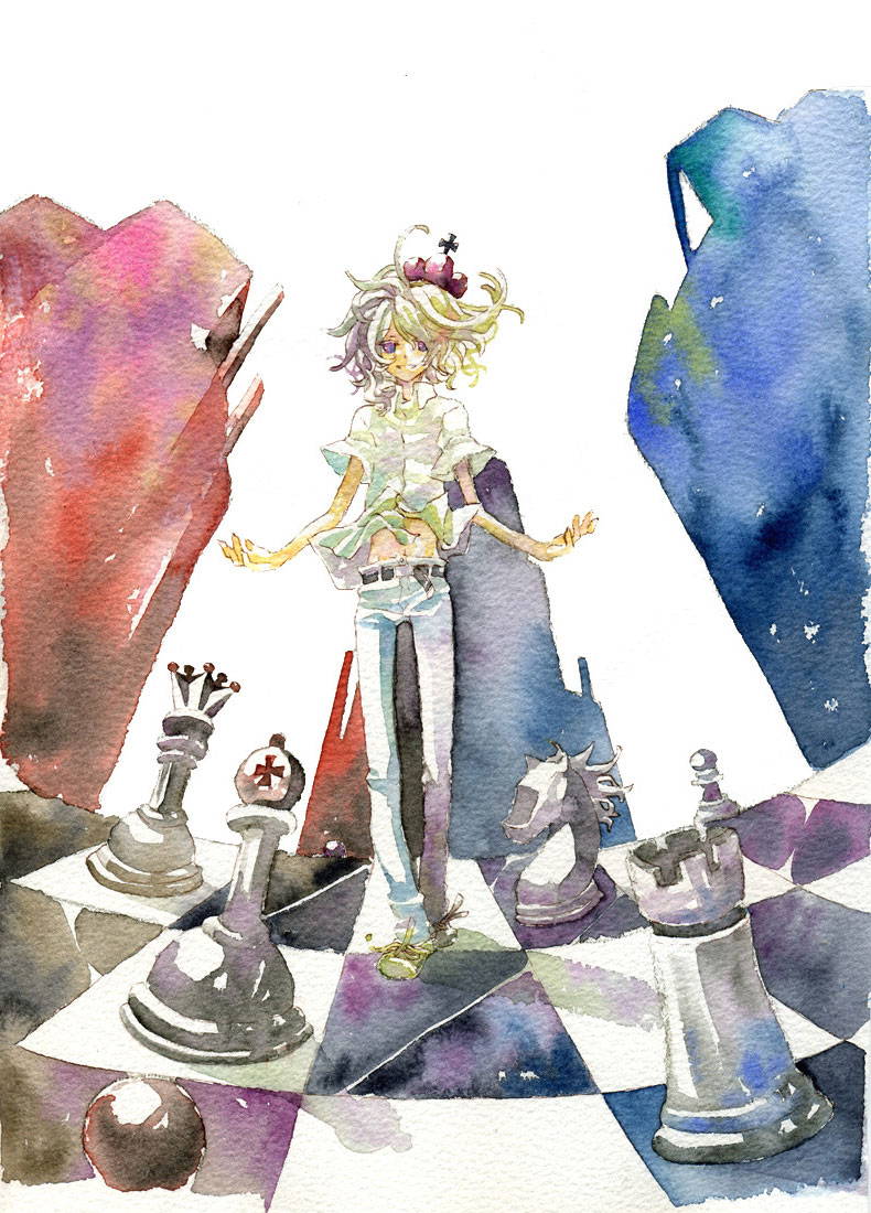 chess, crown, kiryu_yoshiya, kiryuu_yoshiya, kuraaaa, midriff, purple_eyes, short_hair