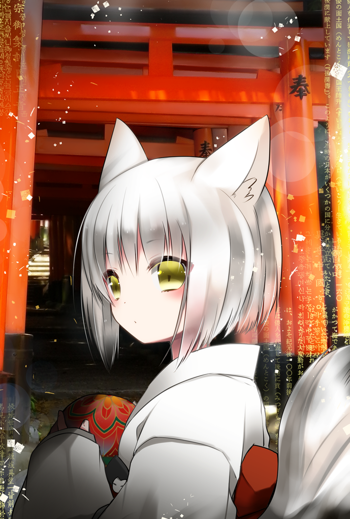 1girl, animal_ears, fox_ears, fox_tail, japanese_clothes, kamiyoshi, kimono, multiple_torii