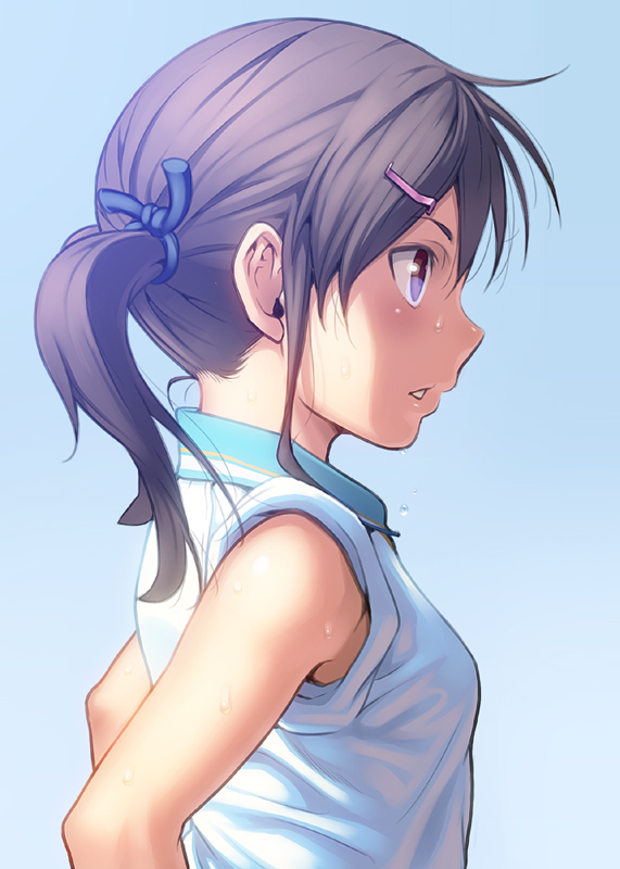 1girl, aoi_sora_(pairan), bare_arms, bare_shoulders, blush, brown_eyes, brown_hair, face, hair_ornament, hair_ribbon, hairclip, long_hair, original, pairan, profile, ribbon, simple_background, solo, sweat, twintails, violet_eyes