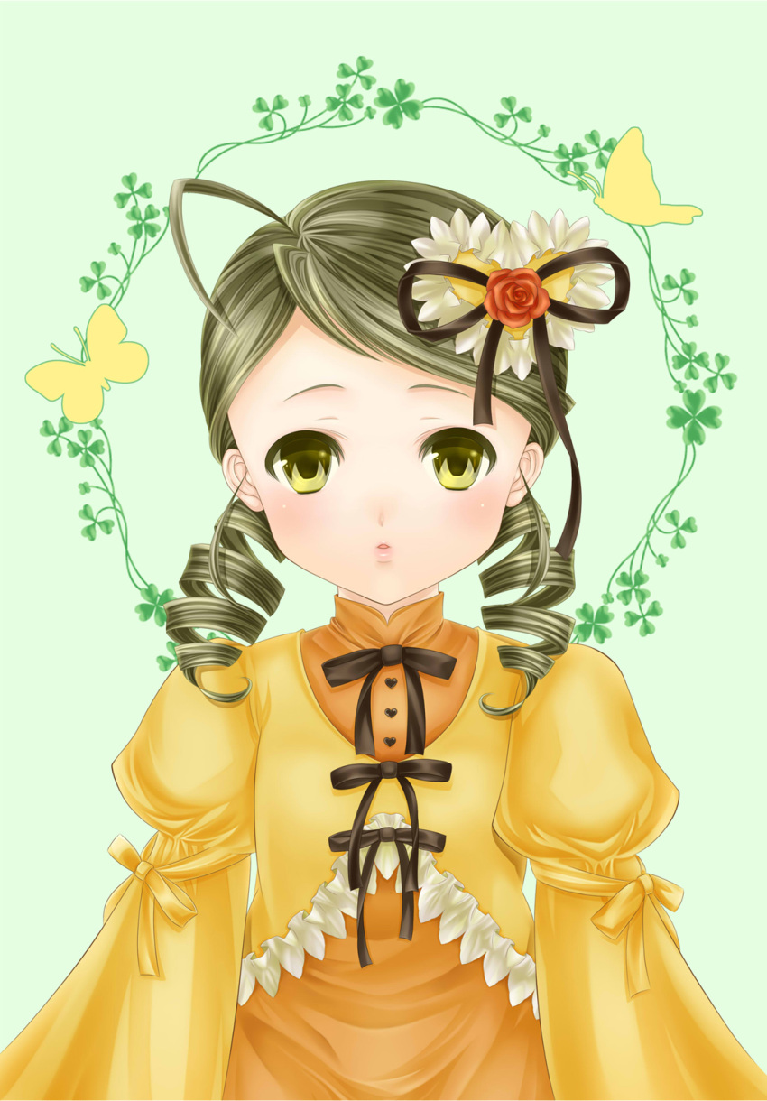 1girl, blush, butterfly, drill_hair, green_eyes, green_hair, hair_ornament, highres