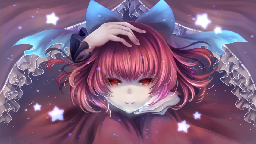 1girl, bow, cape, disembodied_head, hair_bow, hands, highres, megumi_(piyo7piyo9)