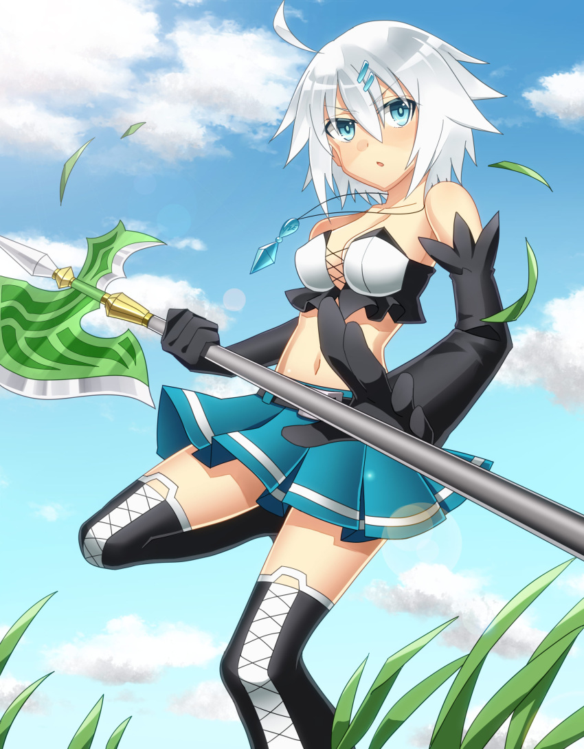 1girl, absurdres, ahoge, axe, bare_shoulders, black_gloves, blue_eyes, borrowed_character