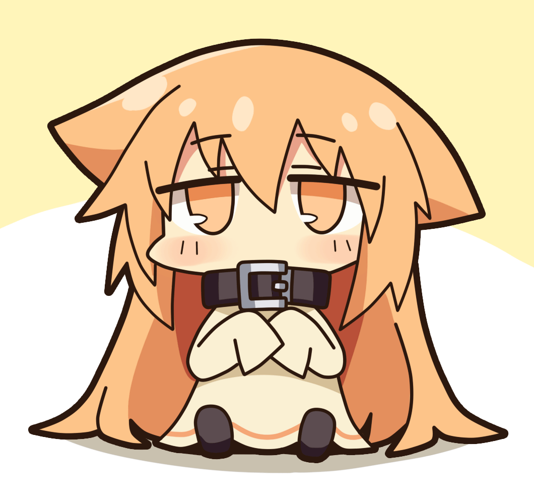 1girl, borrowed_character, chibi, chroma_(chroma000), collar, flat_gaze, light_brown_eyes, light_brown_hair, long_hair, looking_at_viewer, original, simple_background, sitting, sleeves_past_wrists, solo, tagme, two-tone_background