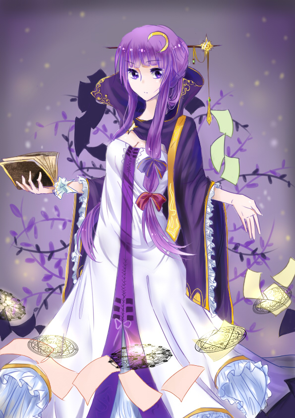 1girl, alternate_costume, book, cape, crescent, crescent_hair_ornament, crescent_moon, dress
