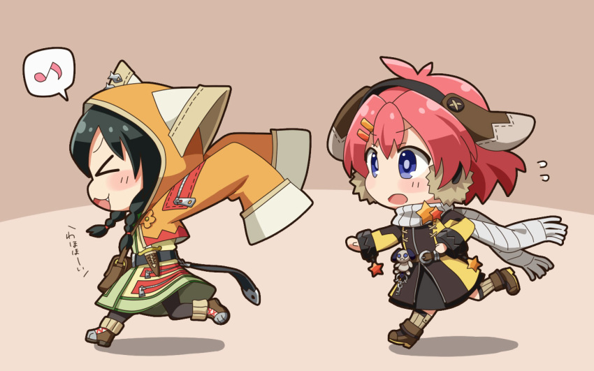 >_<, 2girls, :3, black_hair, blue_eyes, borrowed_character, bow, braid