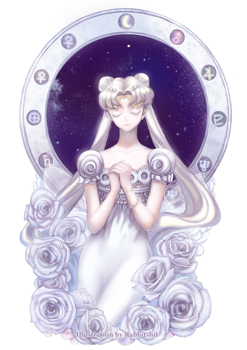 1girl, artist_name, bangs, bishoujo_senshi_sailor_moon, bracelet, circle, closed_eyes, collarbone, crescent_moon, double_bun, dress, ear_studs, earrings, earth_symbol, eyelashes, facial_mark, flower, forehead_mark, hair_ornament, hairclip, hands_together, jewelry, jupiter_symbol, lipstick, long_hair, makeup, mars_symbol, mercury_symbol, moon, neptune_symbol, parted_bangs, pearl, platinum_blonde, pluto_symbol, princess_serenity, puffy_short_sleeves, puffy_sleeves, rabbitshit, rose, saturn_symbol, short_sleeves, tsukino_usagi, twintails, uranus_symbol, venus_symbol, very_long_hair, white, white_dress, white_rose