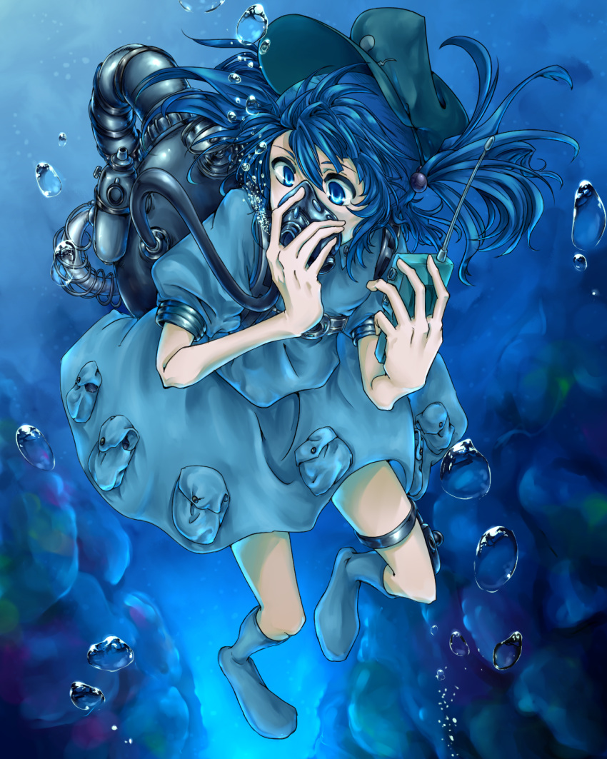 1girl, bare_legs, blue_hair, boots, breath, bubble, bubble_blowing, diving, diving_mask, dress, equala, hair_bobbles, hair_ornament, hands_on_own_face, hat, highres, holster, kawashiro_nitori, key, legs, ocean, pocket, puffy_short_sleeves, puffy_sleeves, rubber_boots, shirt, short_hair, short_sleeves, skirt, skirt_set, smile, solo, thigh_holster, touhou, twintails, underwater, walkie-talkie, wet, wet_clothes