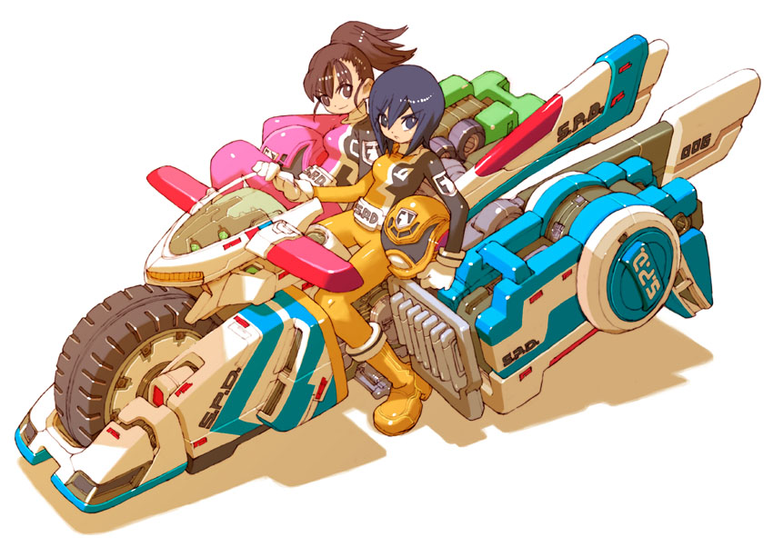 2girls, bodysuit, dekapink, dekayellow, helmet, kodou_koume, motor_vehicle, motorcycle