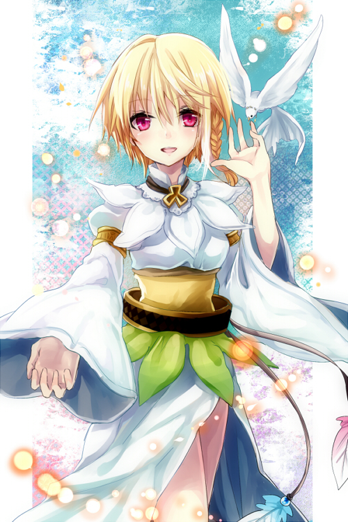 1girl, bird, blonde_hair, braid, children_of_the_rune, isolestie_(children_of_the_rune), red_eyes, tales_weaver, yuya_(night_lily)