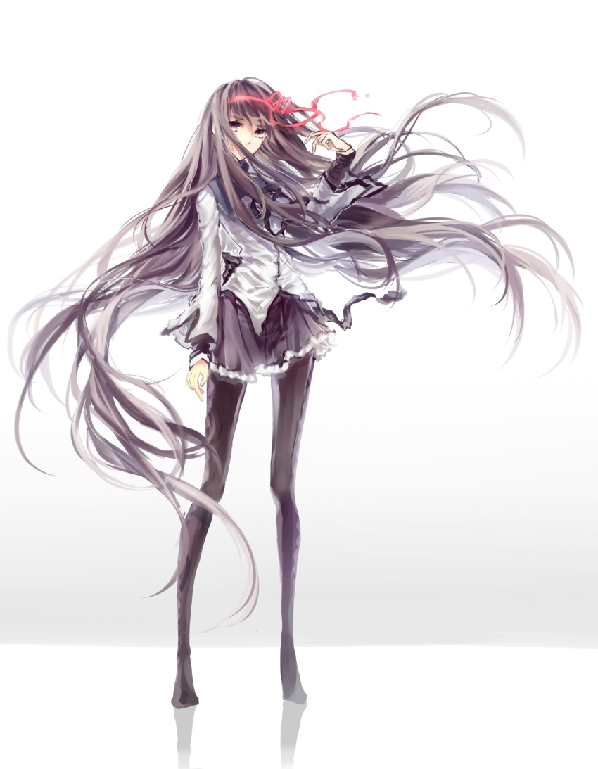 1girl, absurdly_long_hair, absurdres, akemi_homura, anya_(1218), black_hair, hair_ribbon, hair_tussle, high_heels, highres, long_hair, looking_at_viewer, magical_girl, mahou_shoujo_madoka_magica, pantyhose, ribbon, simple_background, solo, standing, very_long_hair, violet_eyes, white_background