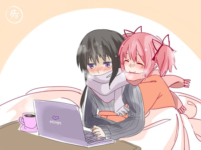 2girls, akemi_homura, black_hair, blush, casual, coffee, computer, hair_ribbon, hug, hug_from_behind, kaname_madoka, kotatsu, laptop, long_hair, mahou_shoujo_madoka_magica, multiple_girls, pink_hair, ribbon, scarf, short_hair, short_twintails, simple_background, smile, sweater, table, twintails, violet_eyes, yuka_(mikuxluka), yuri