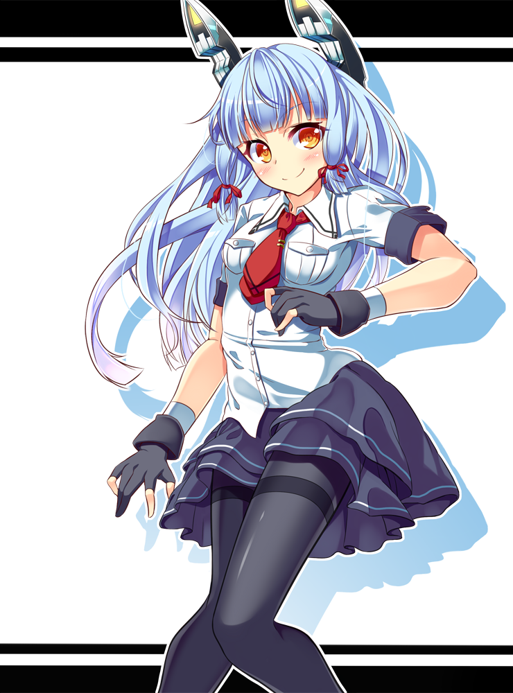 1girl, alternate_costume, blue_hair, fingerless_gloves, gloves, hair_ribbon, headgear, kantai_collection