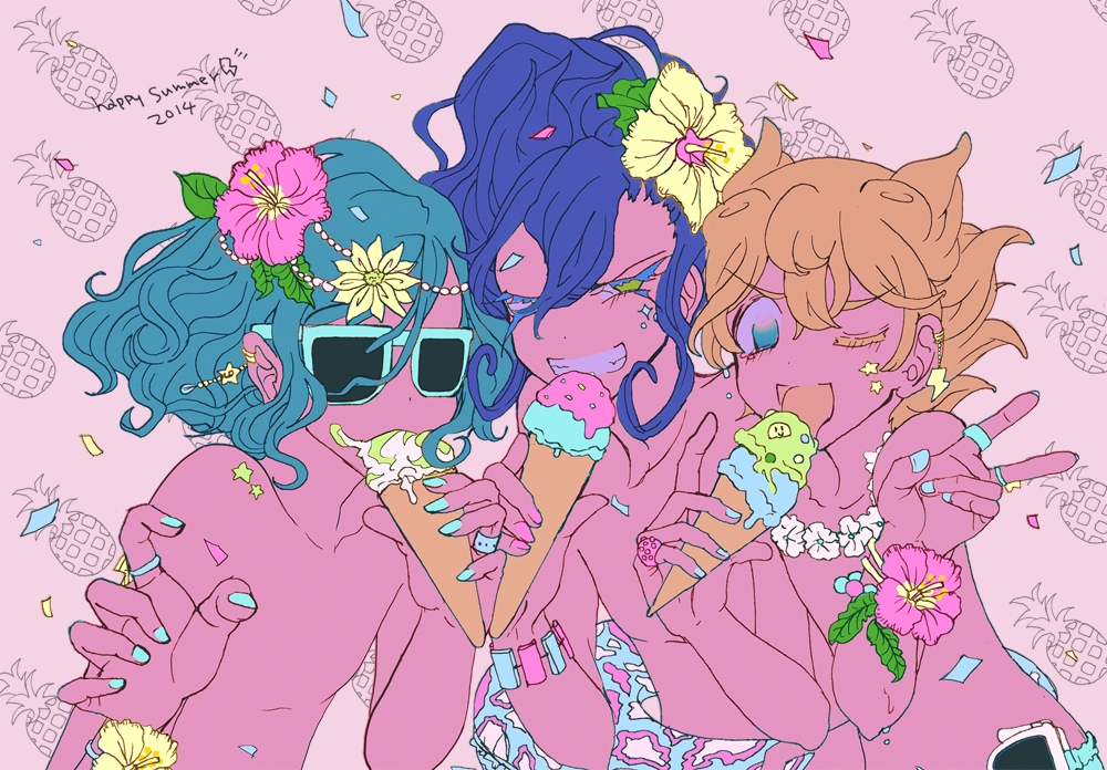 3boys, alternate_hair_color, aqua_hair, aqua_nails, blue_eyes, blue_hair, bracelet, brown_hair, english, flat_color, flower, food, fruit, green_eyes, grin, hair_flower, hair_ornament, ice_cream_cone, inazuma_eleven_(series), inazuma_eleven_go, innertube, jewelry, licking, lightning_bolt, looking_at_viewer, male, matsukaze_tenma, multiple_boys, nail_polish, one_eye_closed, pineapple, pink_nails, ring, s9ueeze, shindou_takuto, shirtless, smile, star, summer, sunglasses, tongue, tsurugi_kyousuke, v