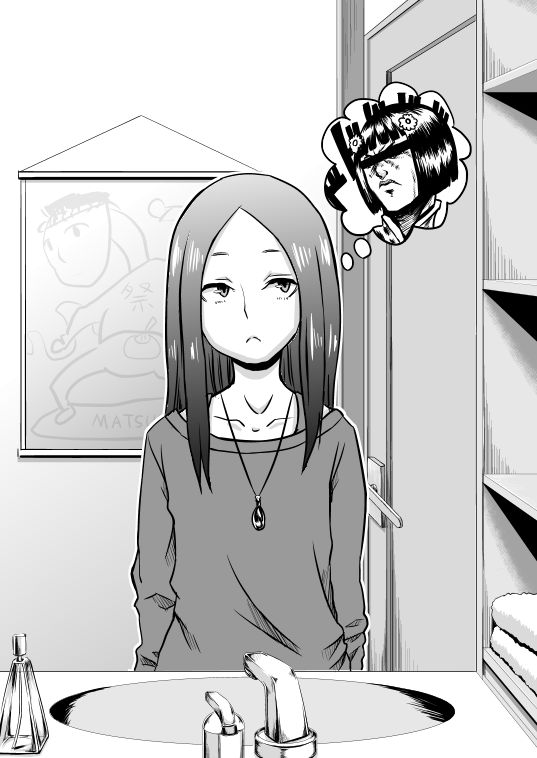 1boy, 1girl, bathroom, black_hair, bruno_bucciarati, censored, comic, hair_ornament