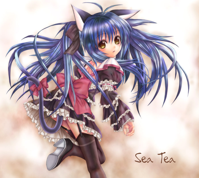 ahoge, amber_eyes, blue_hair, bow, dress, gothic_lolita, heels, lolita_fashion