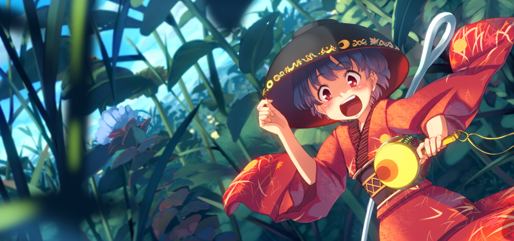 1girl, :d, bowl_hat, flower, grass, japanese_clothes, kimono, minigirl