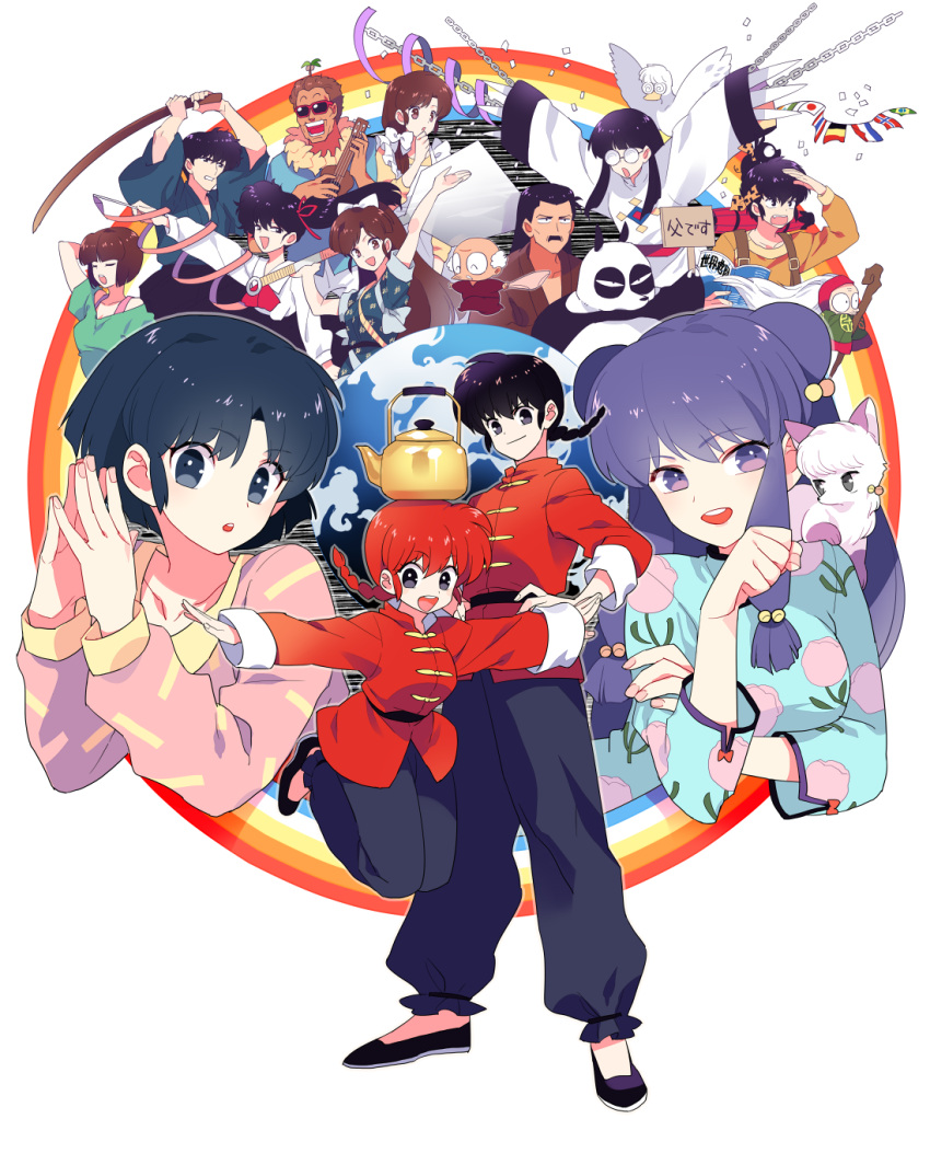 6+boys, 6+girls, bird, braid, brother_and_sister, cat, chinese_clothes, cologne_(ranma_1/2)