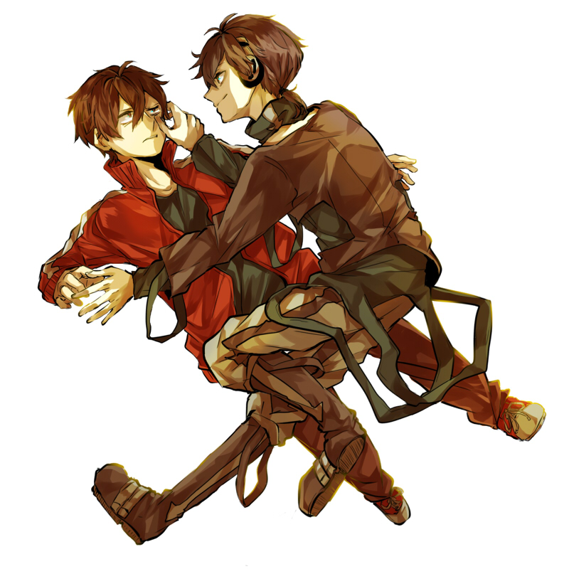 2boys, black_hair, boots, dark_konoha, hand_on_another's_face, headphones, kagerou_project, kisaragi_shintarou