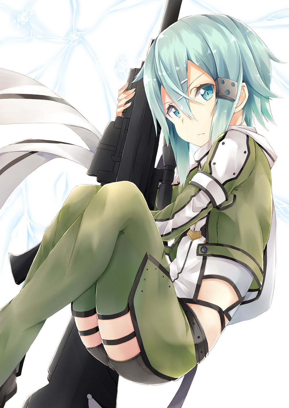 1girl, anti-materiel_rifle, blue_eyes, blue_hair, gun, highres, hiiragi_yashiro, rifle