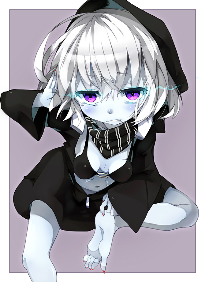 1girl, barefoot, breasts, clenched_teeth, feet, from_above, glowing, glowing_eyes