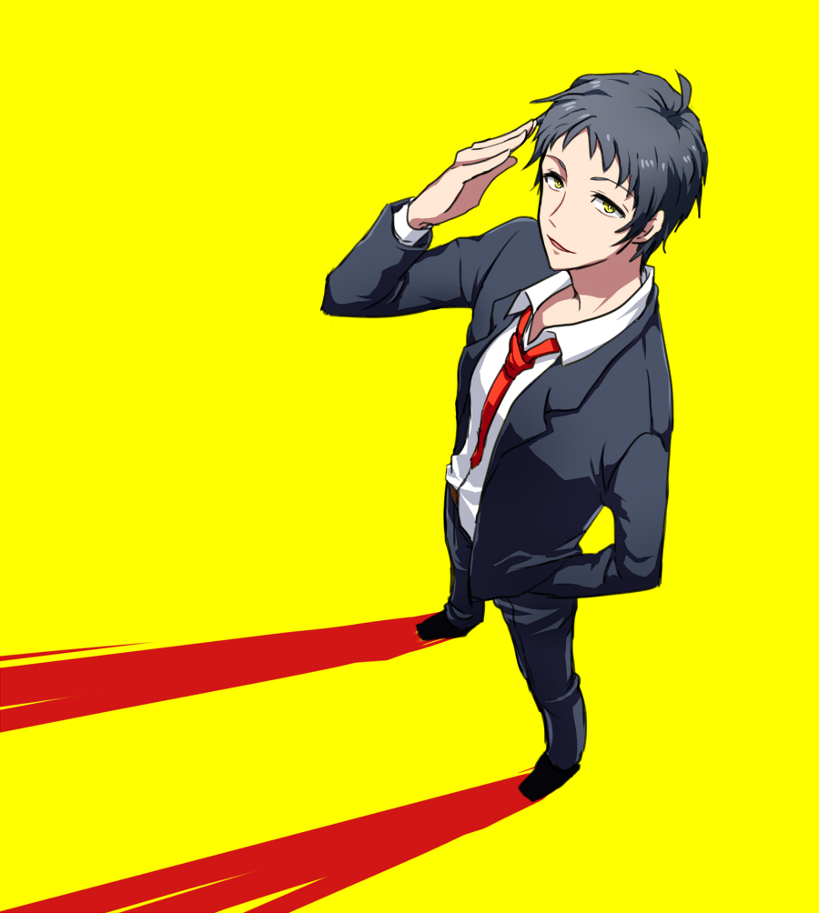 1boy, adachi_tooru, black_hair, formal, hand_in_pocket, megota, necktie, persona