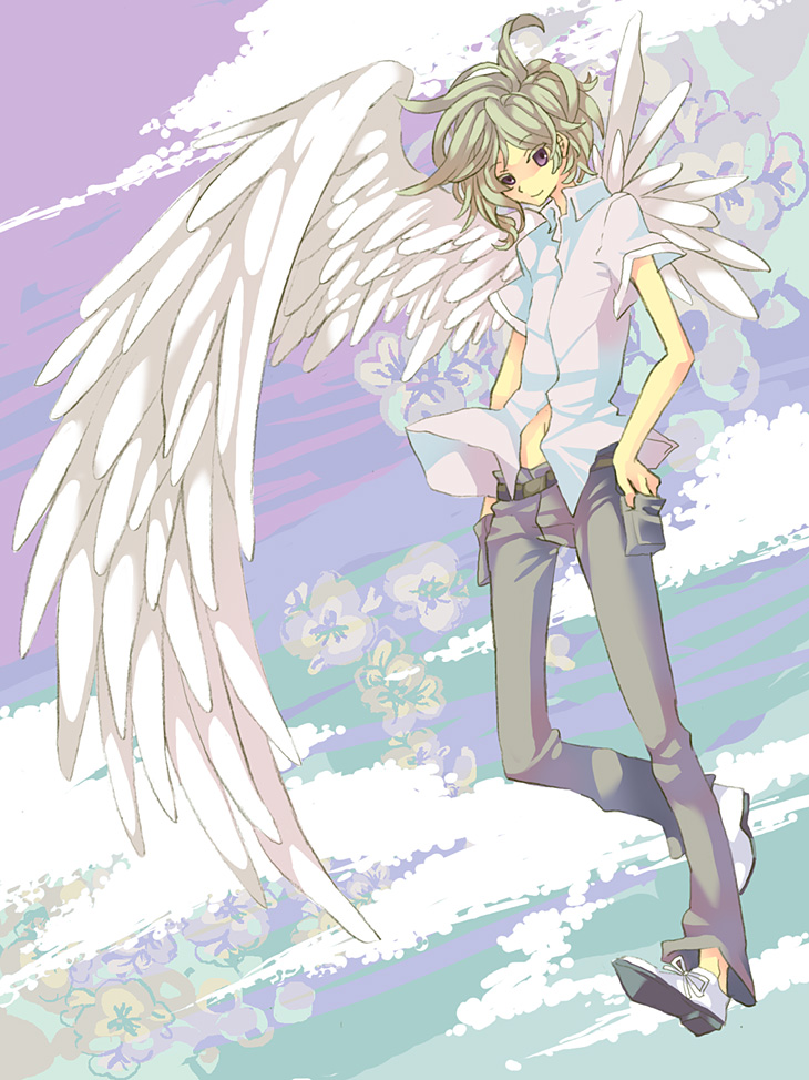 kiryu_yoshiya, kuraaaa, midriff, purple_eyes, silver_hair, smile, subarashiki_kono_sekai, the_world_ends_with_you