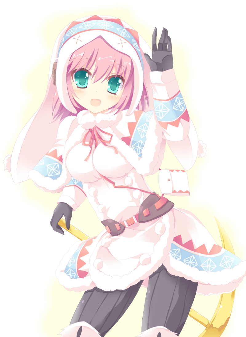 1girl, :d, aqua_eyes, black_gloves, capelet, gloves, hood, lagombi_(armor)