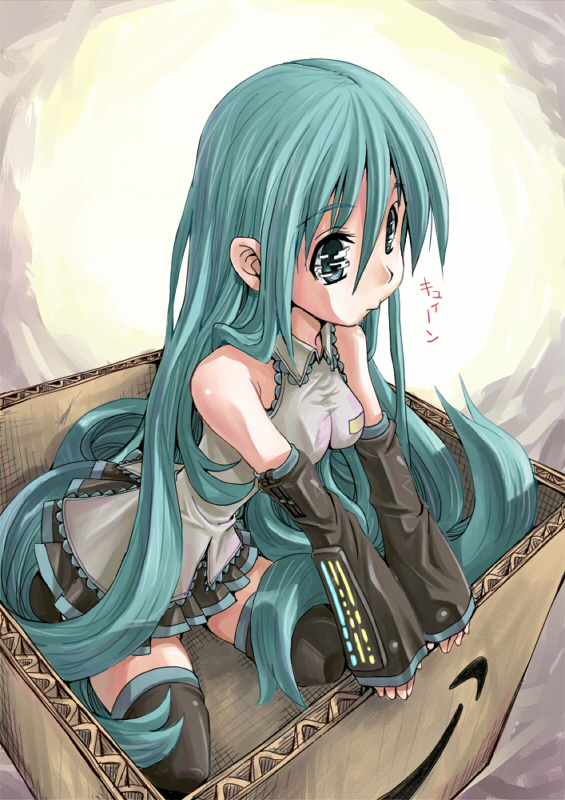 :>, amazon_(company), amazon_(copyright), aqua_eyes, aqua_hair, box, cardboard_box, detached_sleeves