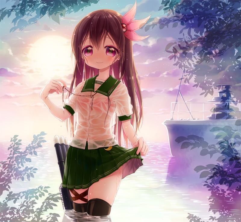 1girl, black_legwear, blush, bra, brown_eyes, brown_hair, crescent, flower