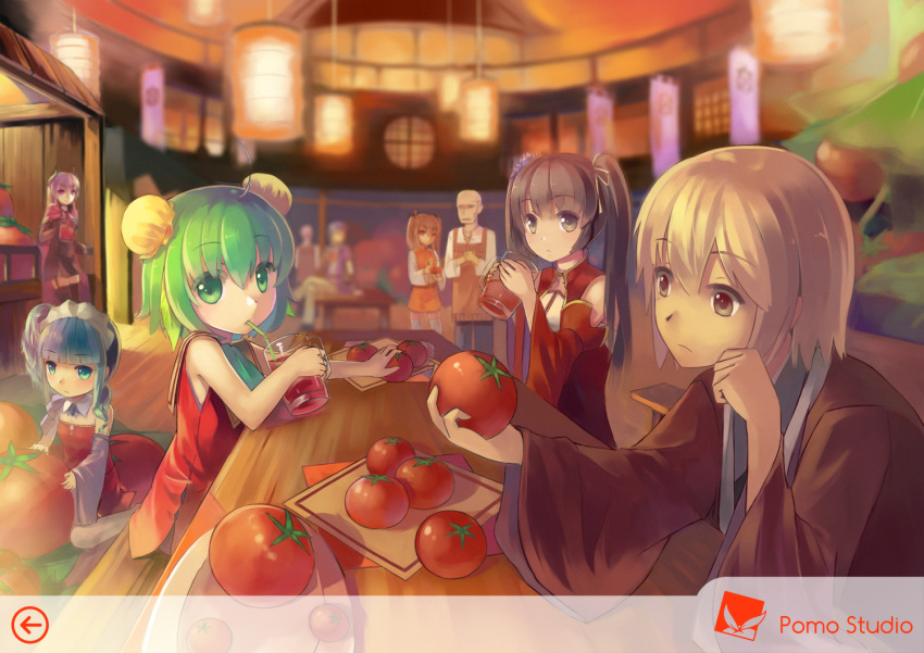 2boys, 5girls, black_eyes, black_hair, blue_eyes, blurry, brown_eyes, brown_hair