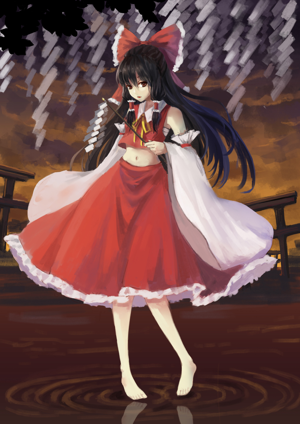 1girl, barefoot, black_hair, bow, brown_eyes, clouds, cloudy_sky, detached_sleeves