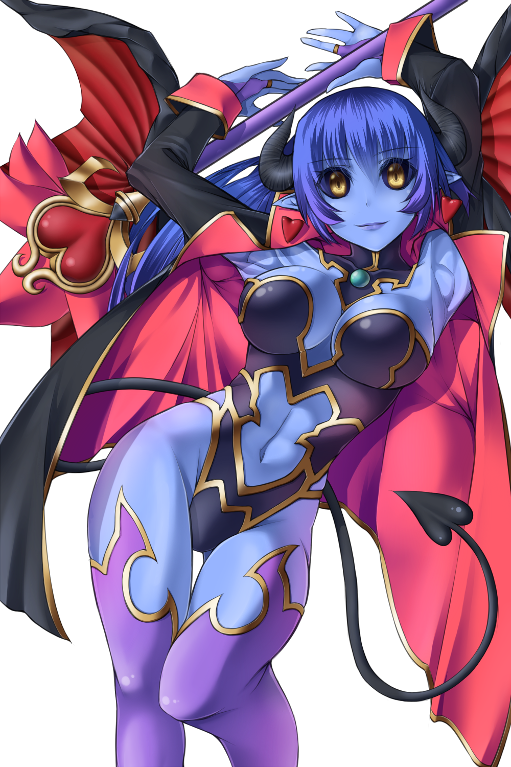 1girl, armpits, astaroth_(shinrabanshou), black_sclera, blue_hair, blue_skin, breasts, cape