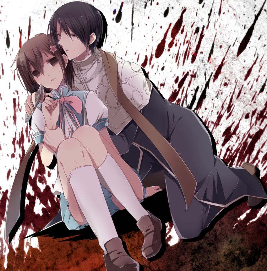 1boy, 1girl, black_hair, blood, brown_hair, chibana_meiri, dolls_fall, hair_ornament, highres, nodokuroame, priest, school_uniform, short_hair