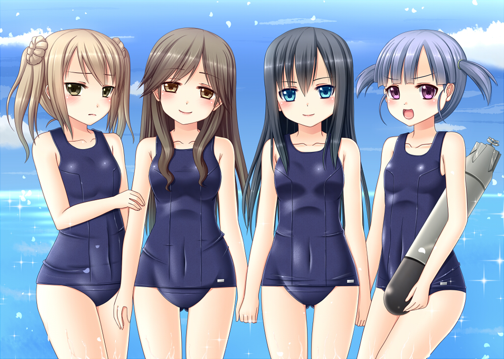 >:d, 4girls, :d, arashio_(kantai_collection), arm_holding, asashio_(kantai_collection), bangs, black_hair