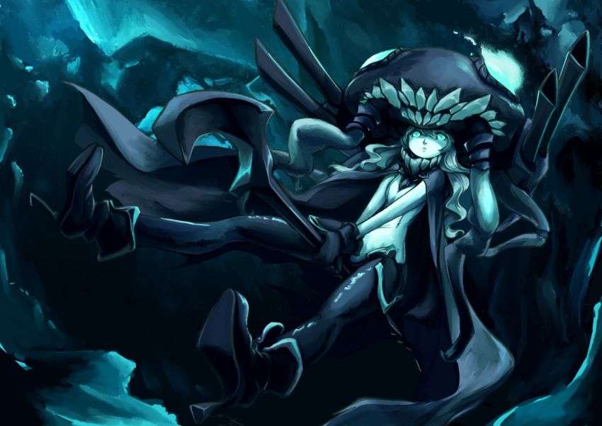 1girl, aqua_eyes, black_boots, black_gloves, bodysuit, boots, cape, from_below