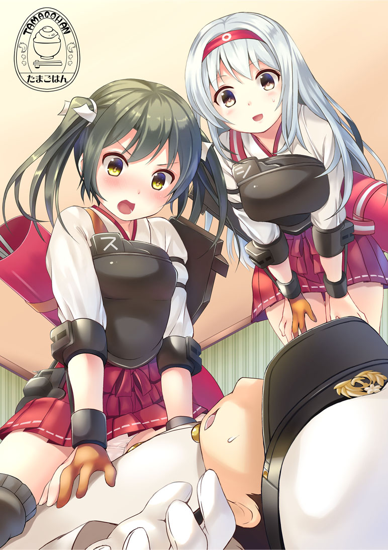 1boy, 2girls, 5han, :d, admiral_(kantai_collection), armor, arrow, black_hair