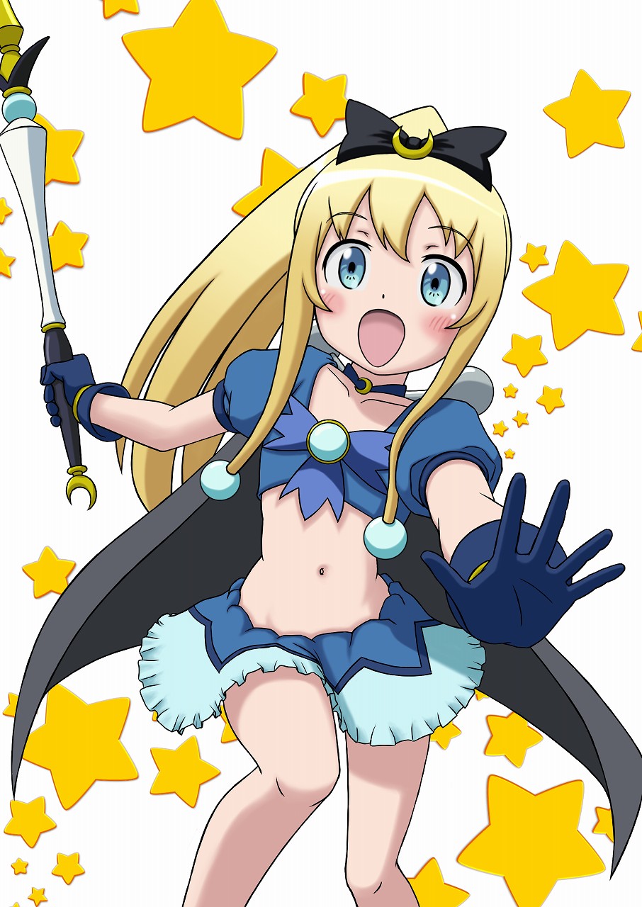 1girl, alpha_omega, alpha_omega_(cosplay), blonde_hair, blue_eyes, bridget_evans, gloves, highres, hoshikuzu_witch_meruru, long_hair, ore_no_imouto_ga_konna_ni_kawaii_wake_ga_nai, ponytail, sakaki_youma, twintails, wand