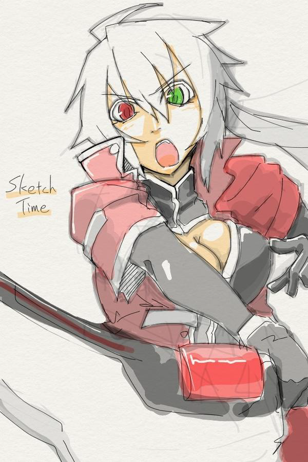 1girl, black_gloves, blazblue, breasts, cleavage, elbow_gloves, genderswap, gloves, green_eyes, heterochromia, long_hair, open_mouth, ponytail, ragna_the_bloodedge, red_eyes, silver_hair, solo, sword, tekkei_(teckei), weapon