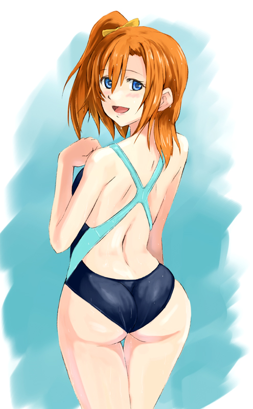 1girl, ass, blue_eyes, competition_swimsuit, ganzyu_i, kousaka_honoka, looking_back, love_live!_school_idol_project