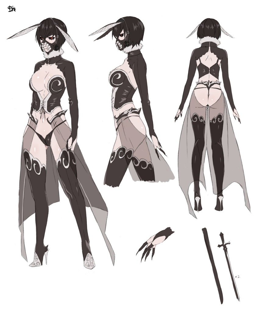 1girl, arisawa_kuro, ass, black_hair, boots, breasts, character_sheet, claws