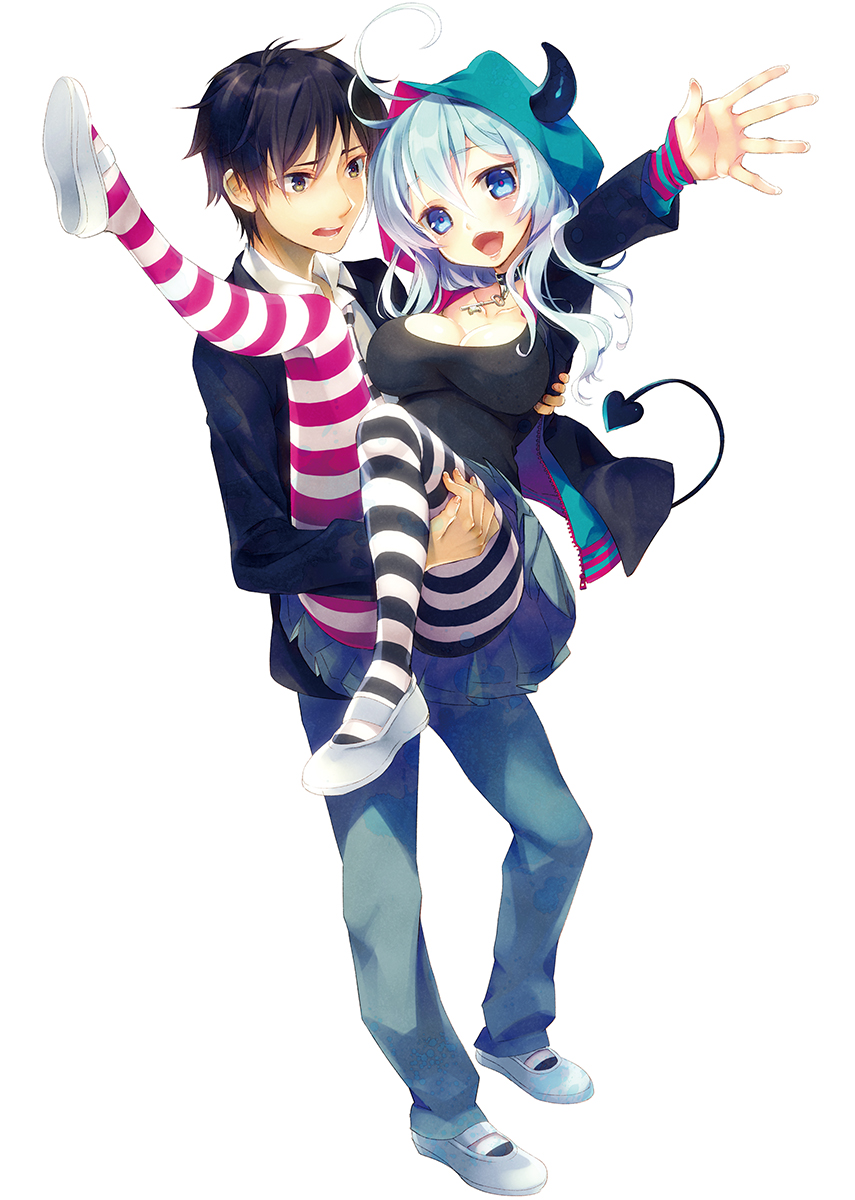 1boy, 1girl, ahoge, black_eyes, black_hair, blue_eyes, blue_hair, breasts