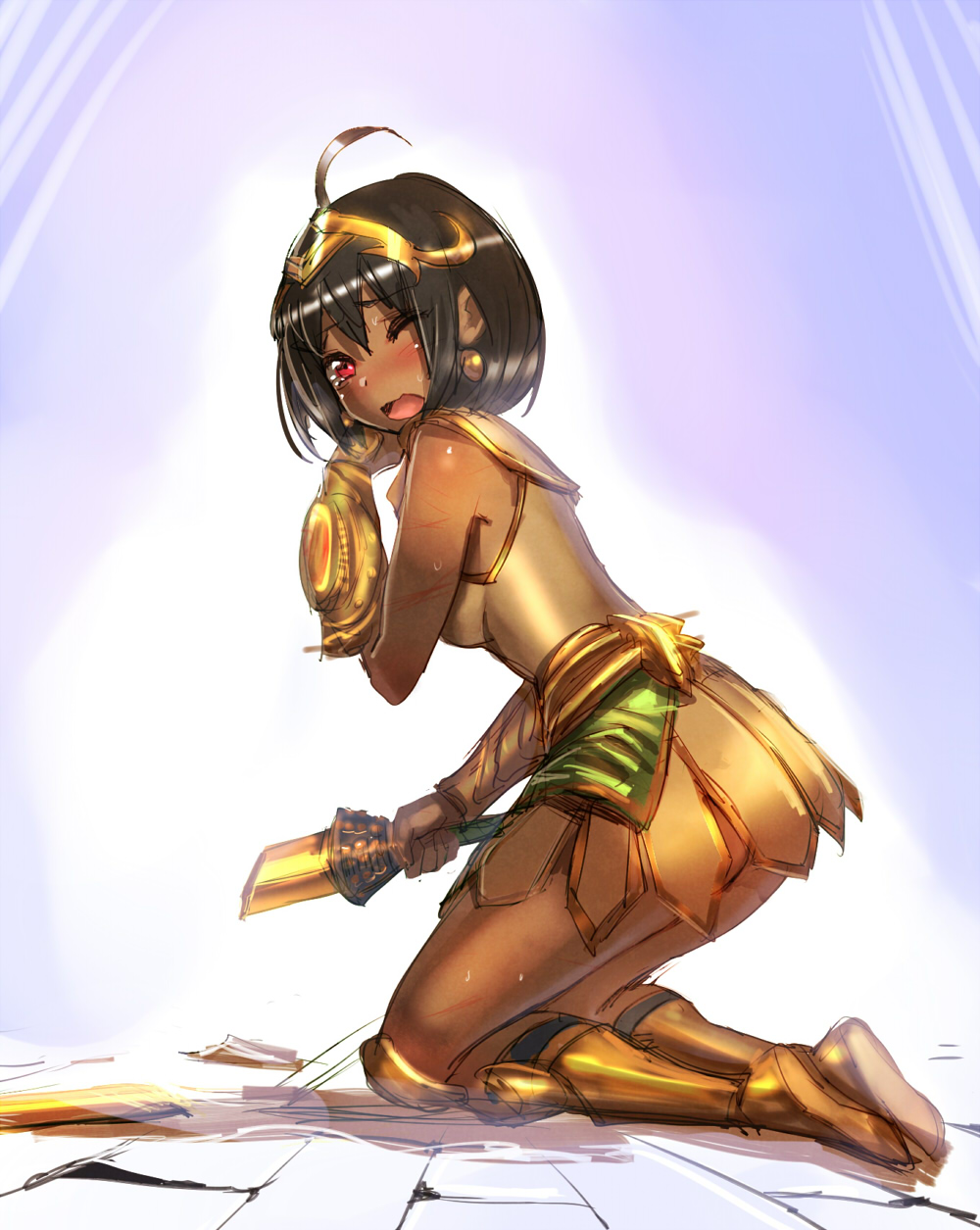 1girl, ahoge, armor, black_hair, blush, bow_(bhp), broken, broken_sword