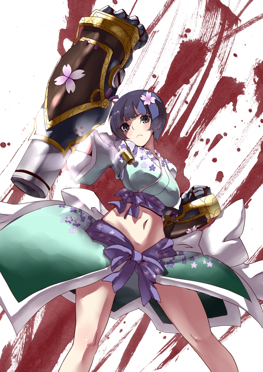 1girl, arm_up, blue_eyes, blue_hair, blush, breasts, crop_top, flower